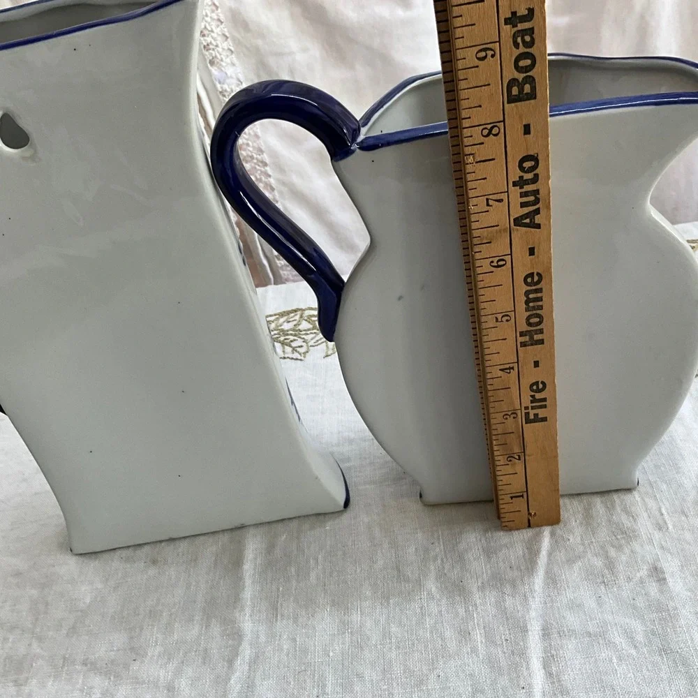Blue White Floral Chinoiserie Wall Pocket Pitcher Ceramic Vases Cottagecore 2pc